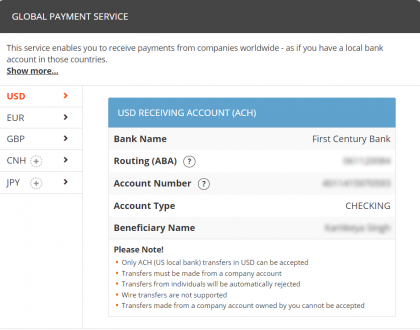 Receiving account перевод. Receiving payment. Меню us payment service Payoneer. Global payment service анкета. Stripe routing number.